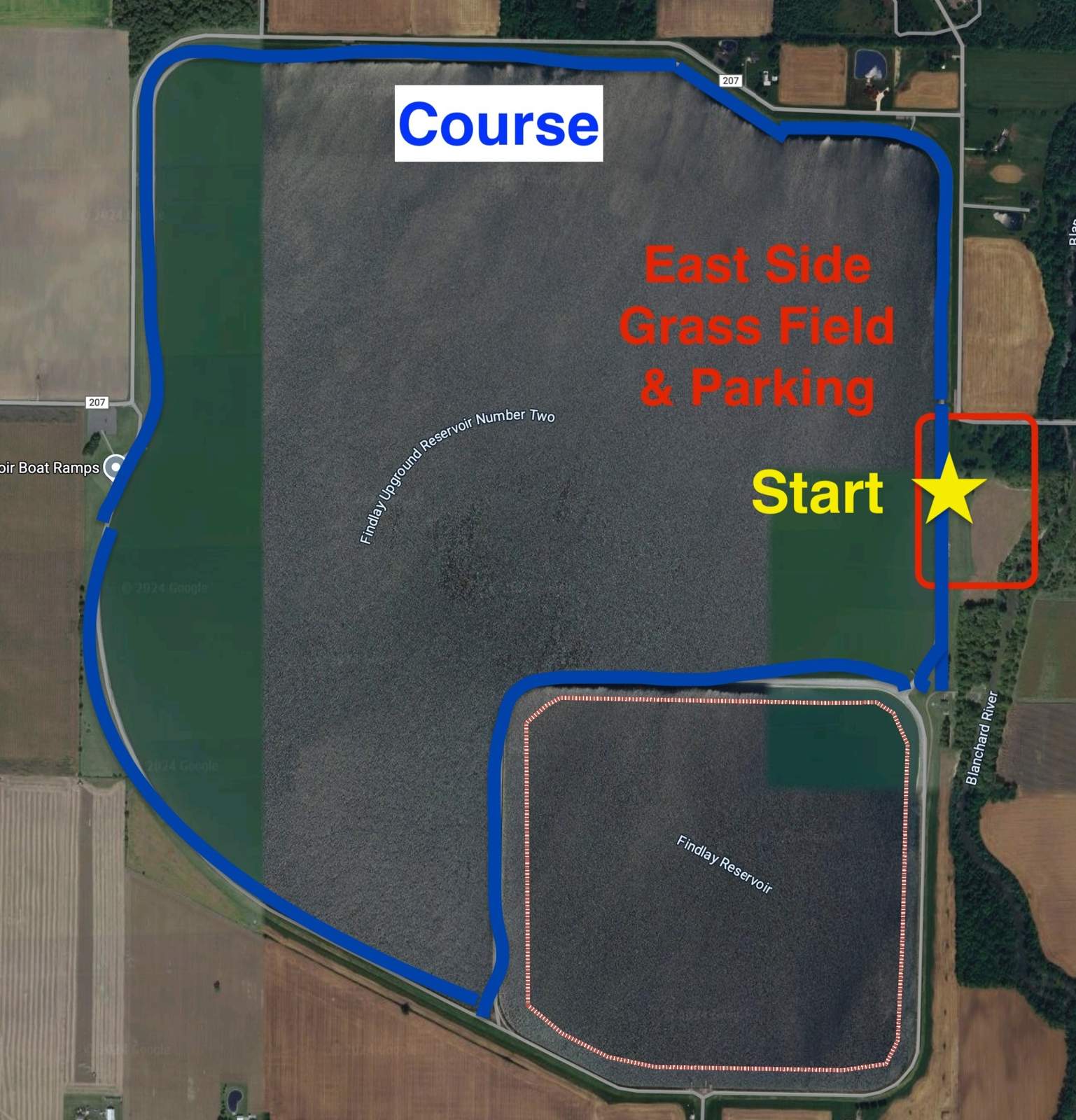 Organizer course overview showing the loop around Findlay Reservoir and the east-side start area